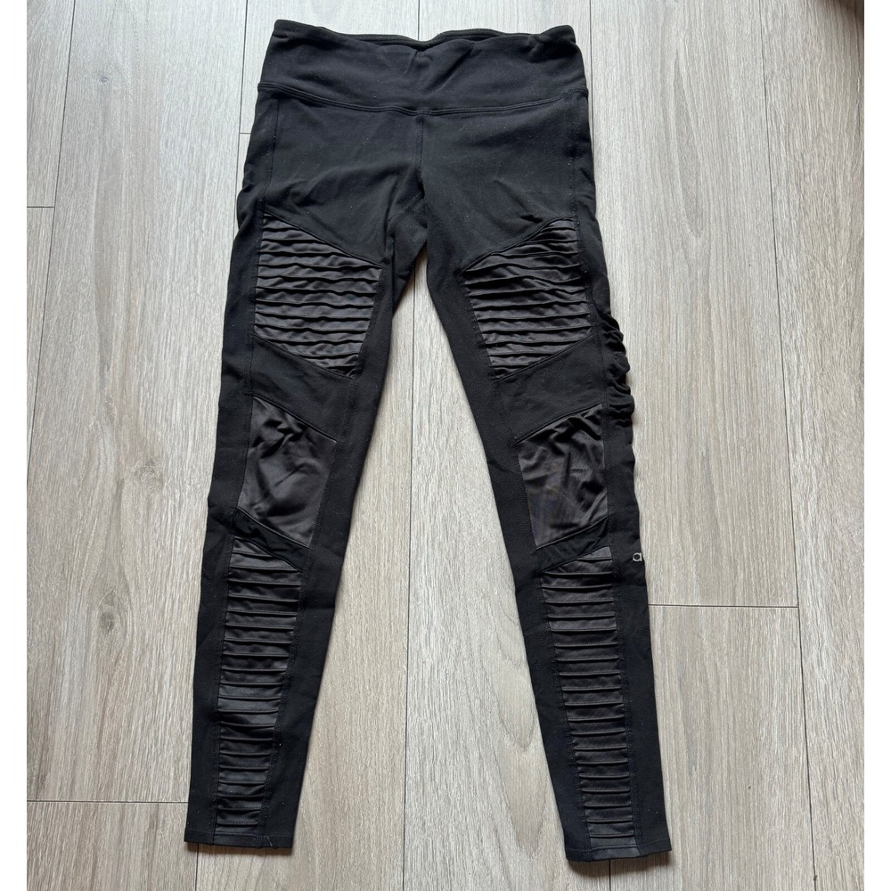 Alo Yoga Moto Leggings Black Ribbed Quilted Mesh Performance S Athletic W5494R